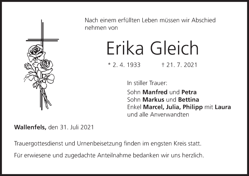  Traueranzeige für Erika Gleich vom 31.07.2021 aus MGO