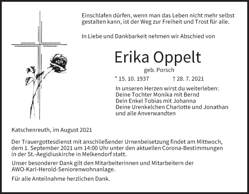  Traueranzeige für Erika Oppelt vom 28.08.2021 aus MGO
