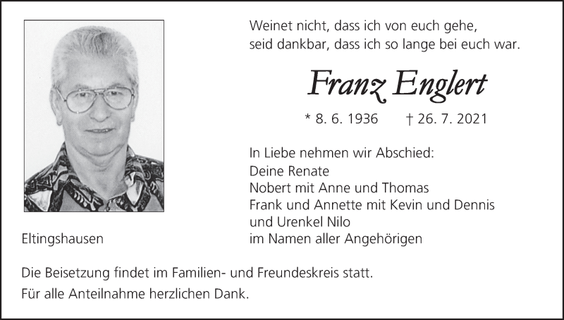  Traueranzeige für Franz Englert vom 31.07.2021 aus MGO