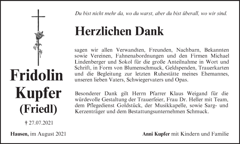 Traueranzeige für Fridolin Kupfer vom 14.08.2021 aus MGO