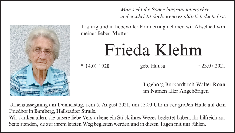  Traueranzeige für Frieda Klehm vom 31.07.2021 aus MGO
