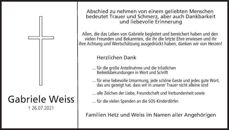  Traueranzeige für Gabriele Weiss vom 14.08.2021 aus MGO