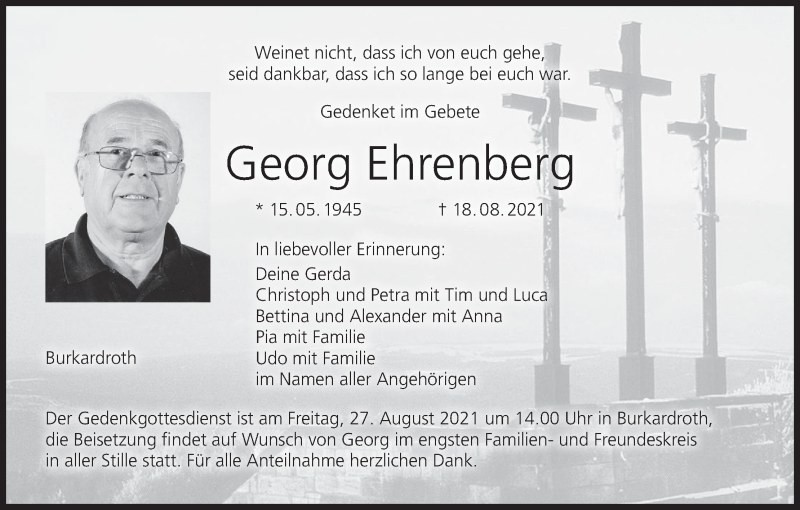  Traueranzeige für Georg Ehrenberg vom 21.08.2021 aus MGO