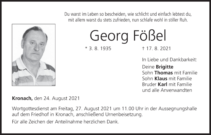  Traueranzeige für Georg Fößel vom 24.08.2021 aus MGO