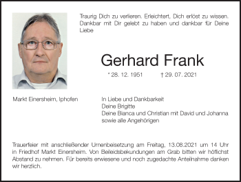 Anzeige von Gerhard Frank von MGO