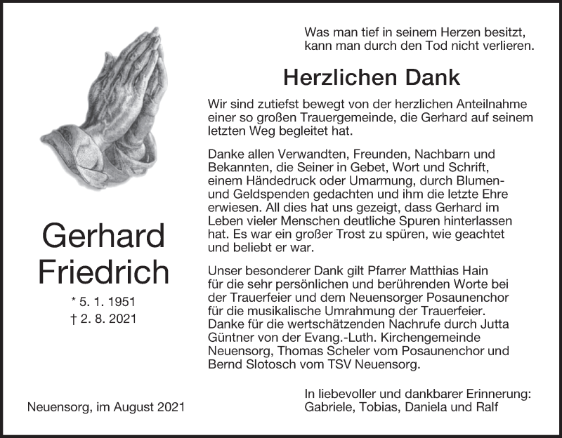  Traueranzeige für Gerhard Friedrich vom 14.08.2021 aus MGO