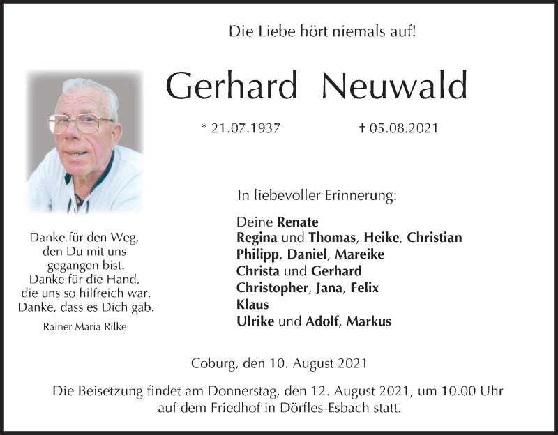  Traueranzeige für Gerhard Neuwald vom 10.08.2021 aus MGO
