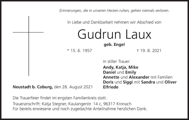  Traueranzeige für Gudrun Laux vom 28.08.2021 aus MGO