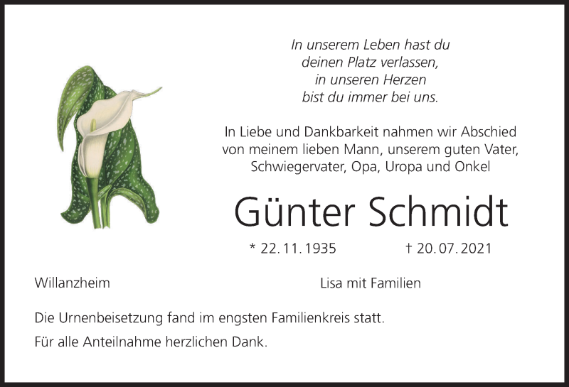  Traueranzeige für Günter Schmidt vom 07.08.2021 aus MGO