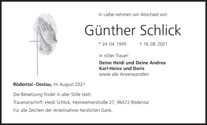  Traueranzeige für Günther Schlick vom 21.08.2021 aus MGO