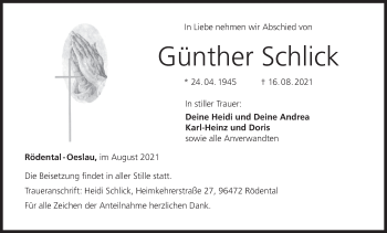 Anzeige von Günther Schlick von MGO