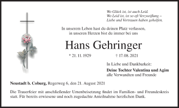 Anzeige von Hans Gehringer von MGO