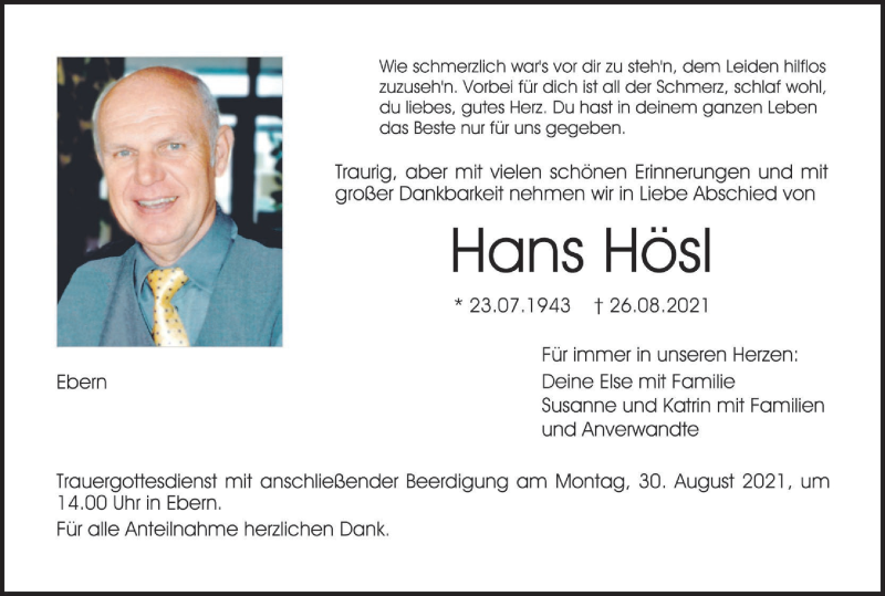  Traueranzeige für Hans Hösl vom 28.08.2021 aus MGO
