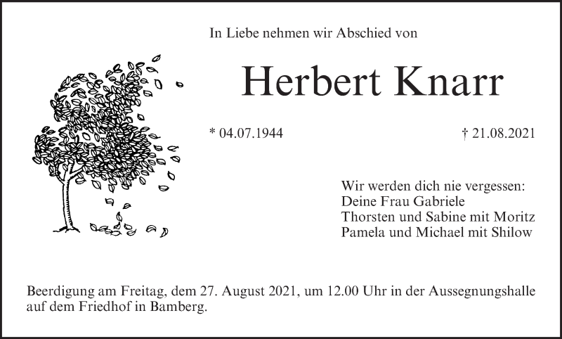  Traueranzeige für Herbert Knarr vom 25.08.2021 aus MGO