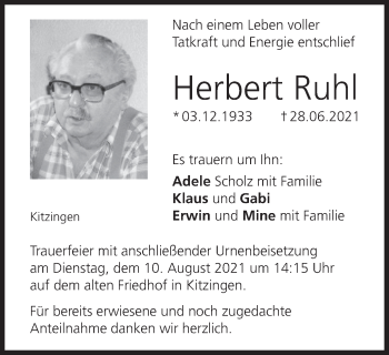 Anzeige von Herbert Ruhl von MGO