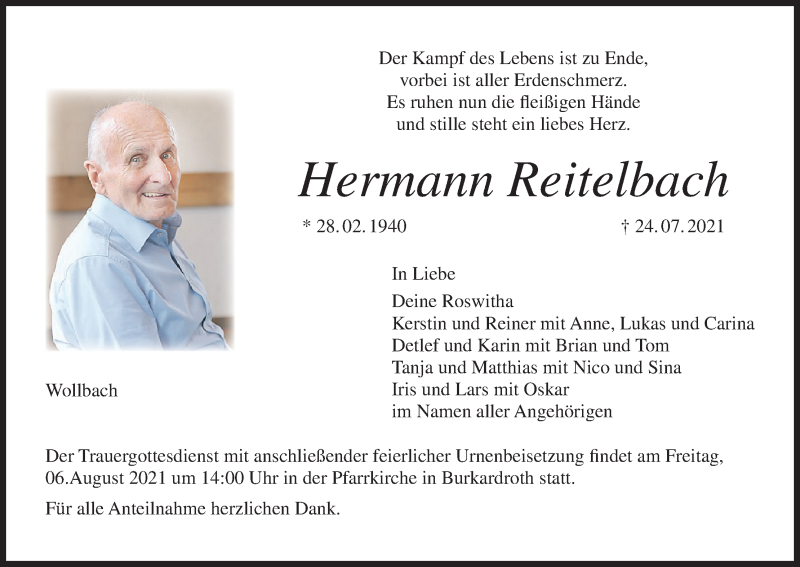  Traueranzeige für Hermann Reitelbach vom 31.07.2021 aus MGO
