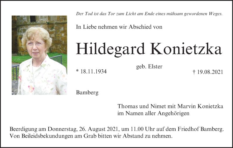  Traueranzeige für Hildegard Konietzka vom 21.08.2021 aus MGO