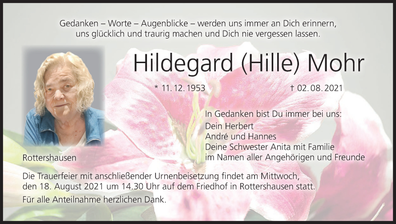  Traueranzeige für Hildegard  Mohr vom 07.08.2021 aus MGO