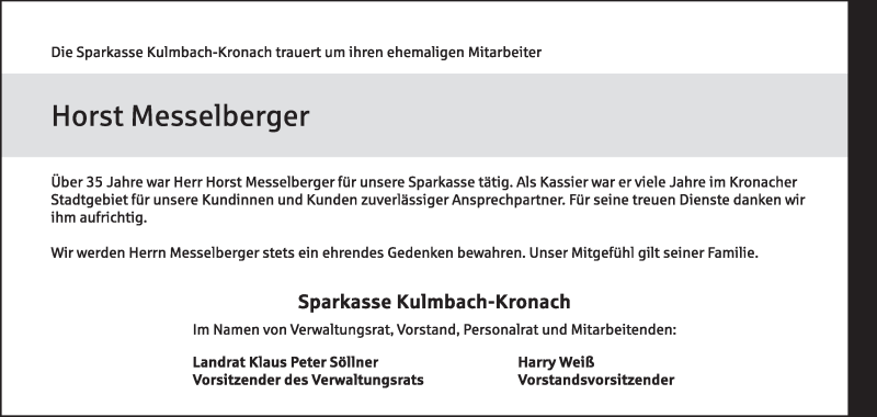 Traueranzeige für Horst Messelberger vom 04.08.2021 aus MGO