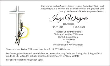 Anzeige von Inge Wagner von MGO