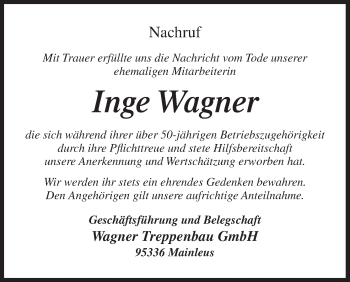 Anzeige von Inge Wagner von MGO