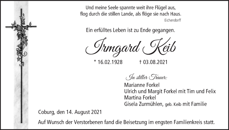  Traueranzeige für Irmgard Keib vom 14.08.2021 aus MGO