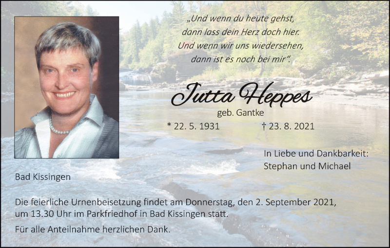  Traueranzeige für Jutta Heppes vom 28.08.2021 aus MGO