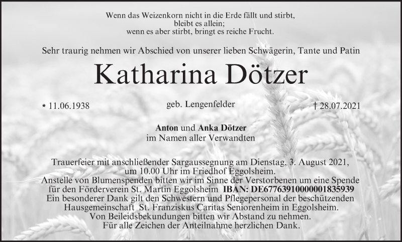  Traueranzeige für Katharina Dötzer vom 31.07.2021 aus MGO