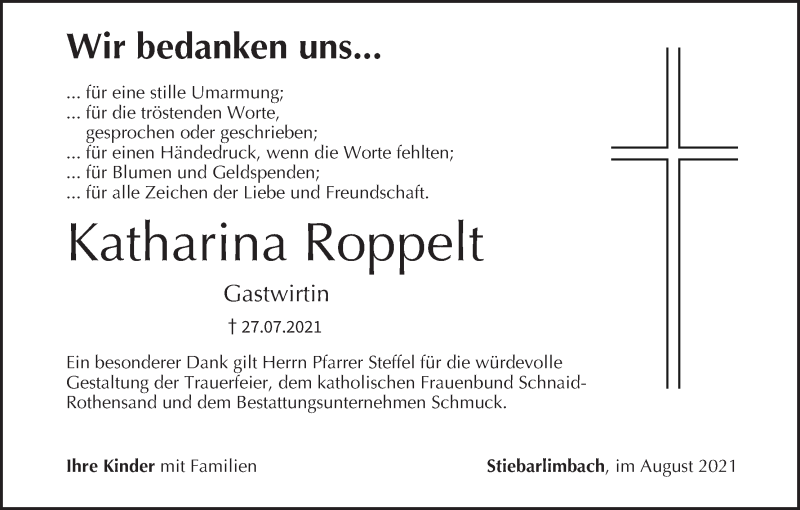  Traueranzeige für Katharina Roppelt vom 21.08.2021 aus MGO
