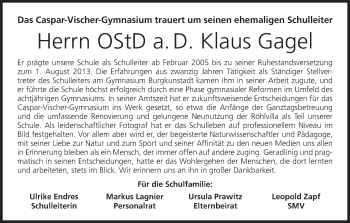 Anzeige von Klaus Gagel von MGO