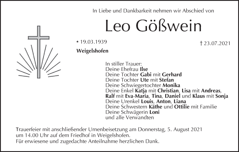  Traueranzeige für Leo Gößwein vom 31.07.2021 aus MGO