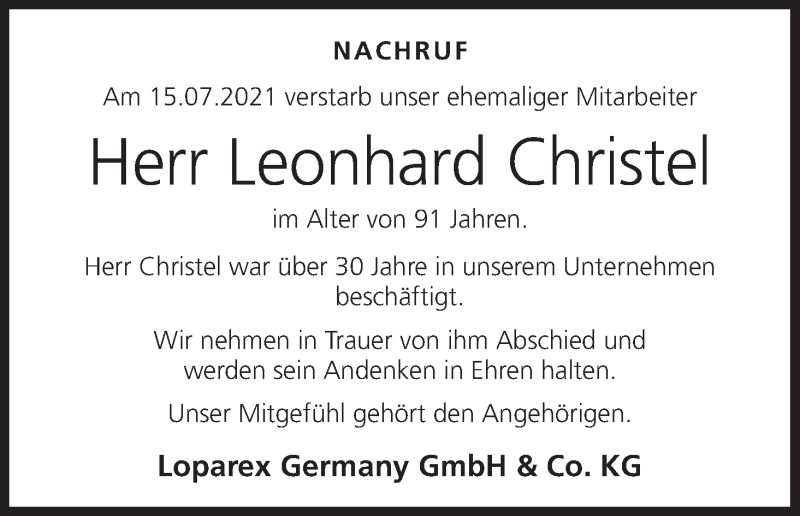  Traueranzeige für Leonhard Christel vom 03.08.2021 aus MGO