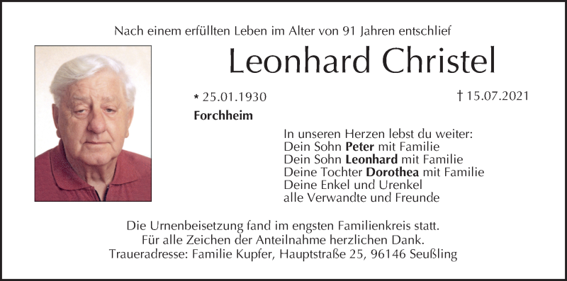  Traueranzeige für Leonhard Christel vom 31.07.2021 aus MGO