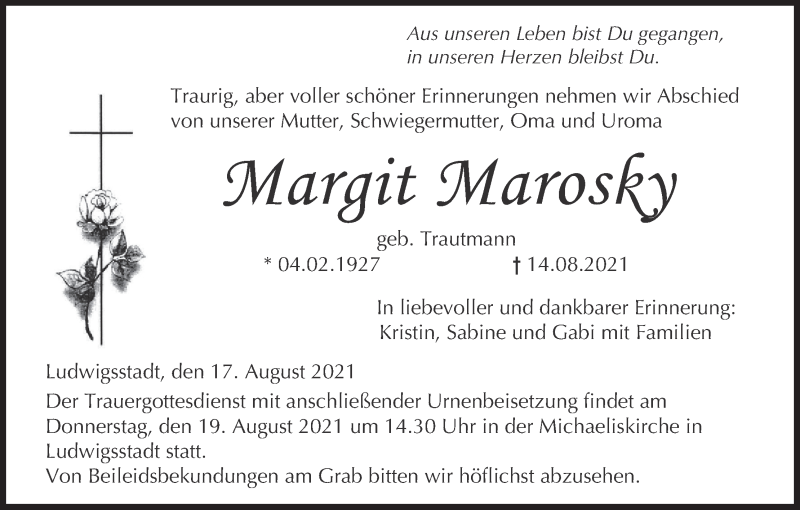  Traueranzeige für Margit Marosky vom 17.08.2021 aus MGO