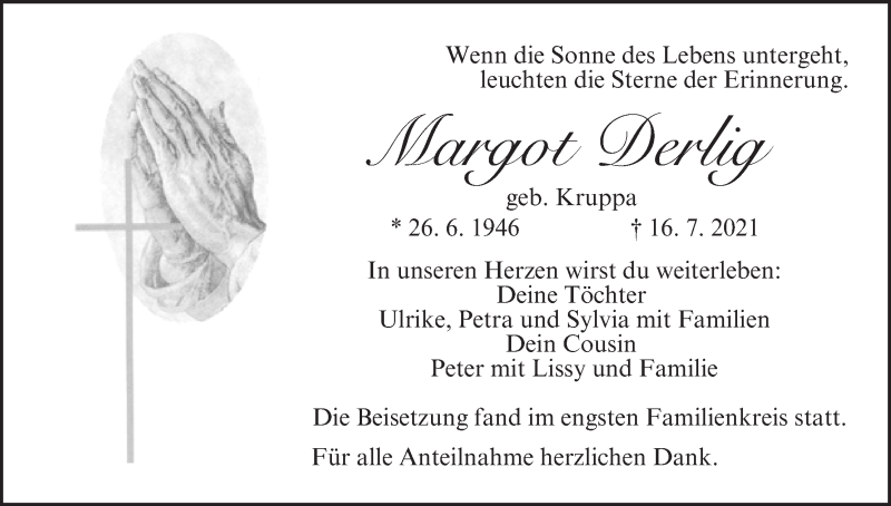  Traueranzeige für Margot Derlig vom 31.07.2021 aus MGO