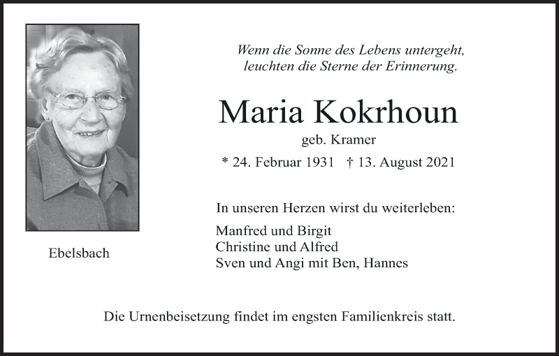  Traueranzeige für Maria Kokrhoun vom 19.08.2021 aus MGO