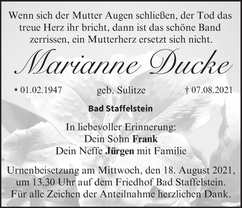  Traueranzeige für Marianne Ducke vom 14.08.2021 aus MGO