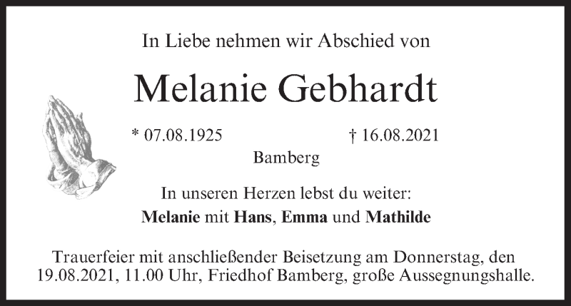  Traueranzeige für Melanie Gebhardt vom 18.08.2021 aus MGO