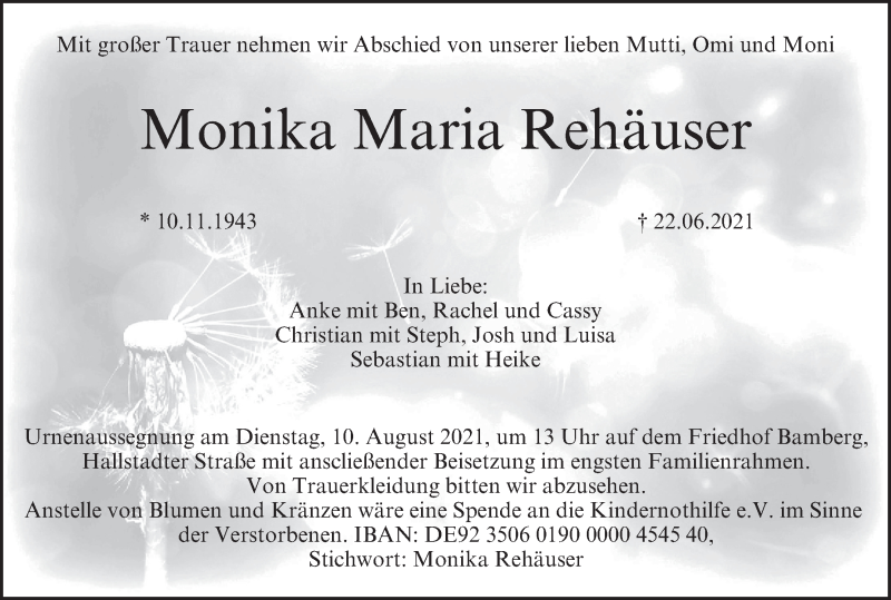  Traueranzeige für Monika Maria Rehäuser vom 07.08.2021 aus MGO