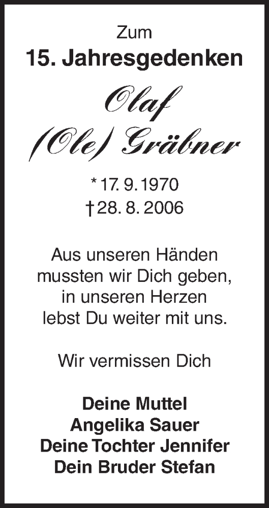  Traueranzeige für Olaf Gräbner vom 28.08.2021 aus MGO