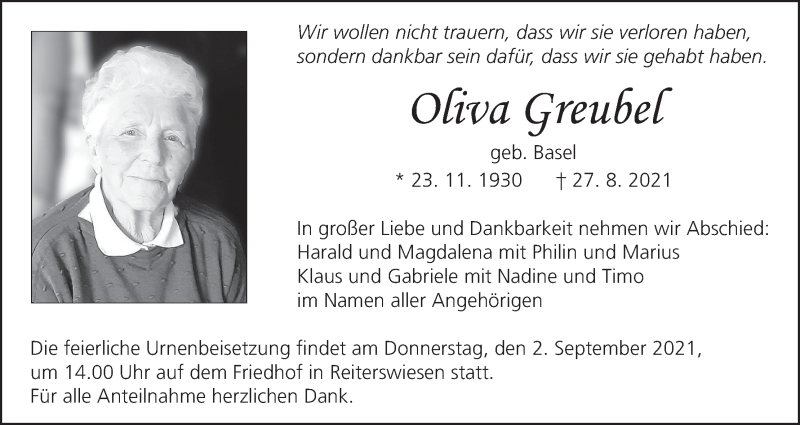  Traueranzeige für Oliva Greubel vom 28.08.2021 aus MGO