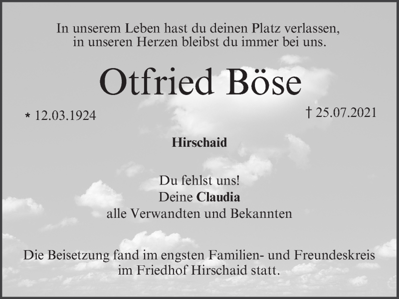  Traueranzeige für Otfried Böse vom 07.08.2021 aus MGO