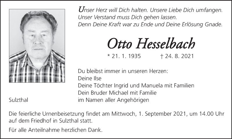  Traueranzeige für Otto Hesselbach vom 28.08.2021 aus MGO