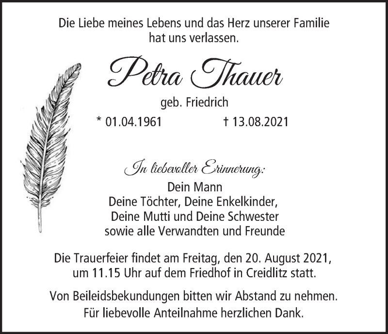  Traueranzeige für Petra Thauer vom 18.08.2021 aus MGO