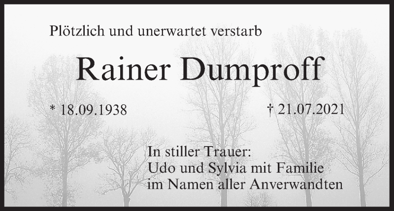  Traueranzeige für Rainer Dumproff vom 31.07.2021 aus MGO