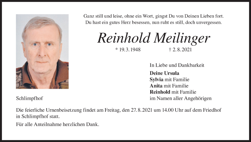  Traueranzeige für Reinhold Meilinger vom 21.08.2021 aus MGO