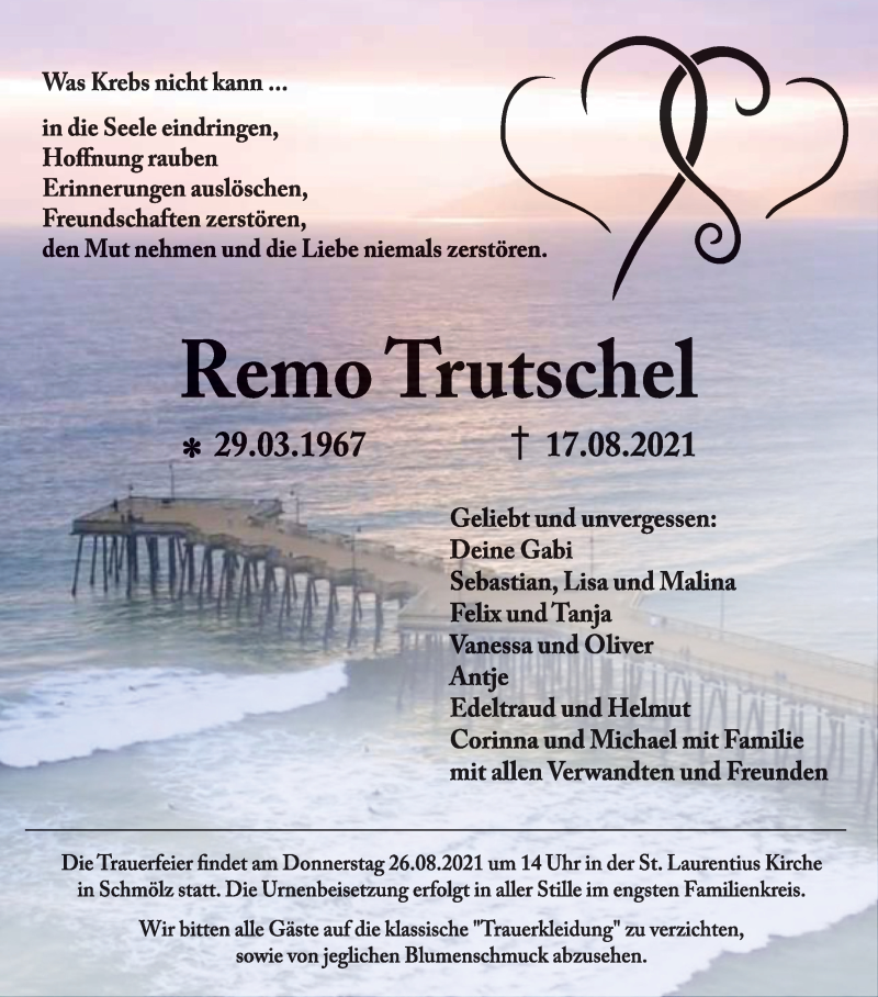  Traueranzeige für Remo Trutschel vom 23.08.2021 aus MGO