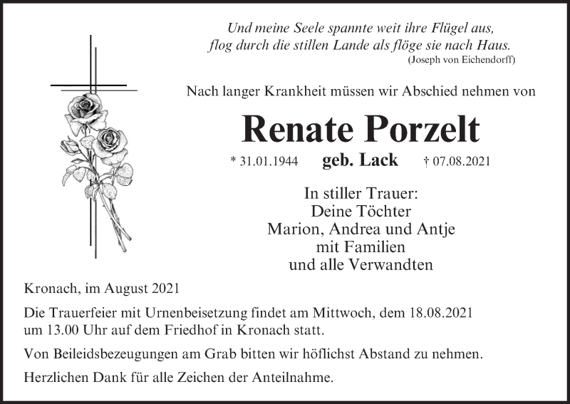  Traueranzeige für Renate Porzelt vom 14.08.2021 aus MGO