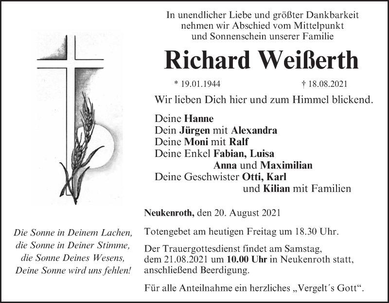  Traueranzeige für Richard Weißerth vom 20.08.2021 aus MGO