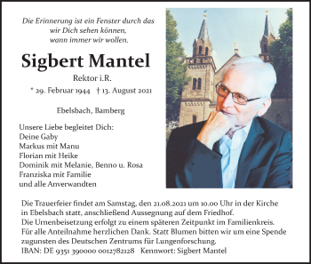 Anzeige von Sigbert Mantel von MGO
